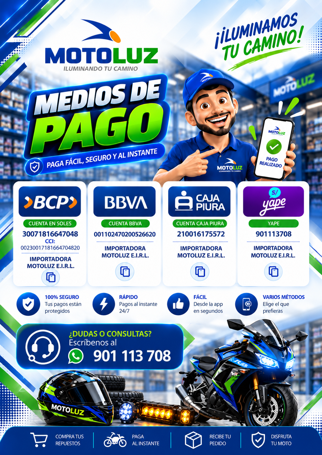 Medios de pago de IMPORTADORA MOTOLUZ E.I.R.L.